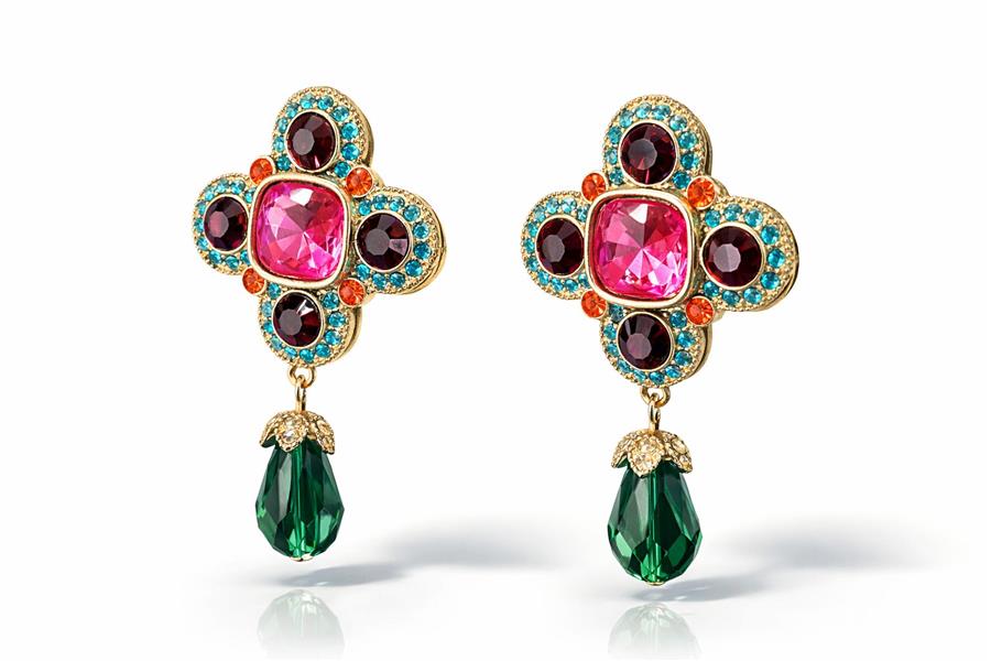 Sabrina Taşlı Sallantılı Mor ve Yeşil Premium Küpe